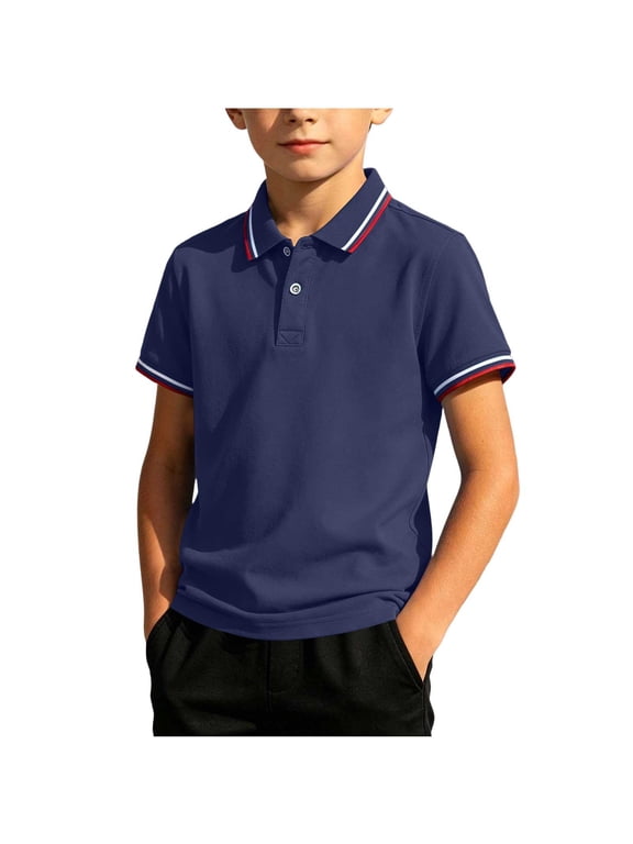 Boys School Uniform Short Sleeve Polo Shirts Size 3-12 Years Pique Collared Button Closure Shirt for Boy Navy