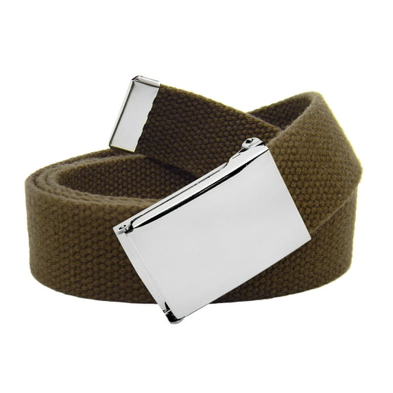 Boys School Uniform Silver Flip Top Military Belt Buckle with Canvas Web Belt Large Brown
