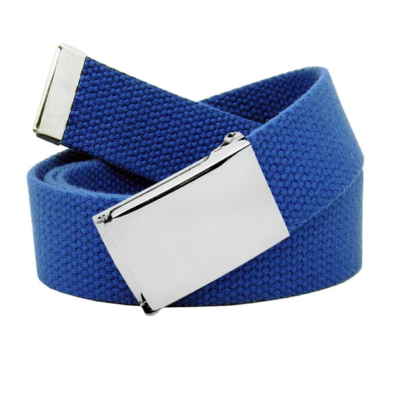 Boys School Uniform Silver Flip Top Military Belt Buckle with Canvas Web Belt Large Royal Blue