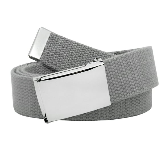 Boys School Uniform Silver Flip Top Military Belt Buckle with Canvas Web Belt Small Gray