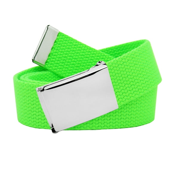 Boys School Uniform Silver Flip Top Military Belt Buckle with Canvas Web Belt Small Neon Green