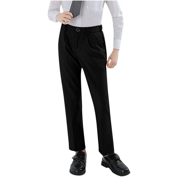 AIEOTT Boys School Uniform Twill Khaki Pants, Flat Front & Elasticized Waistband, Zipper Closure With Faux Button, for 3-16 Years