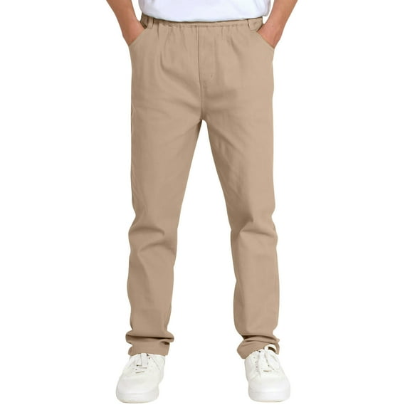 Boys School Uniform Twill Khaki Pants, Flat Front & Elasticized Waistband, Zipper Closure With Faux Button