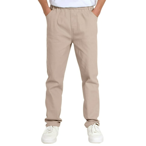 Boys School Uniform Twill Khaki Pants, Flat Front & Elasticized Waistband, Zipper Closure With Faux Button
