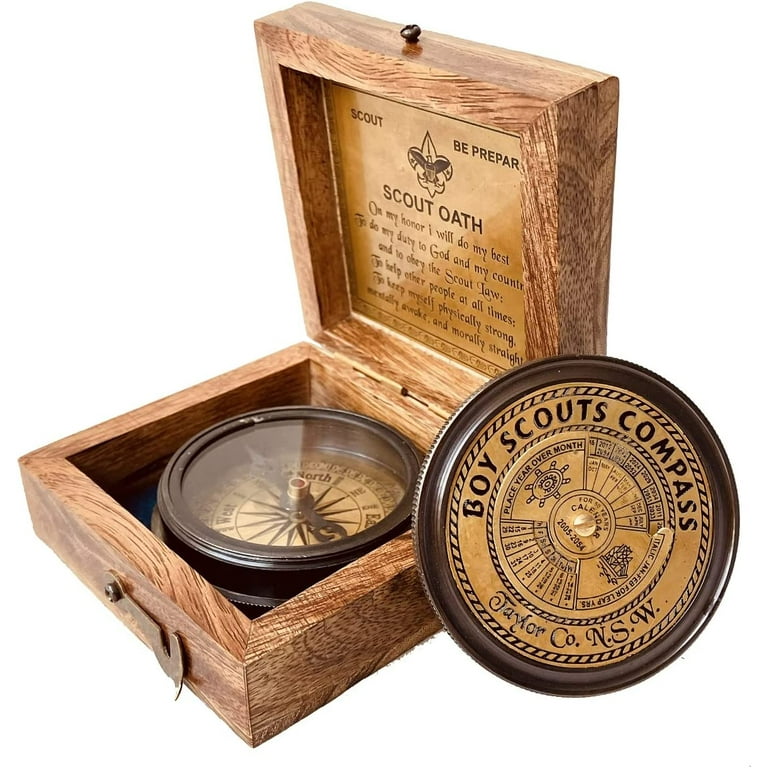 Brass 2.5 Military-Style Lensatic Scout Compass in a wood box