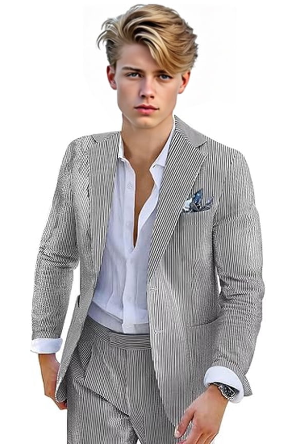 Boys' Seersucker Suit 2-Piece Set - Striped Tuxedo Blazer & Pants - Summer Beach Wedding Suit