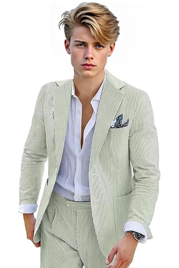 Boys' Seersucker Suit 2-Piece Set - Striped Tuxedo Blazer & Pants - Summer Beach Wedding Suit