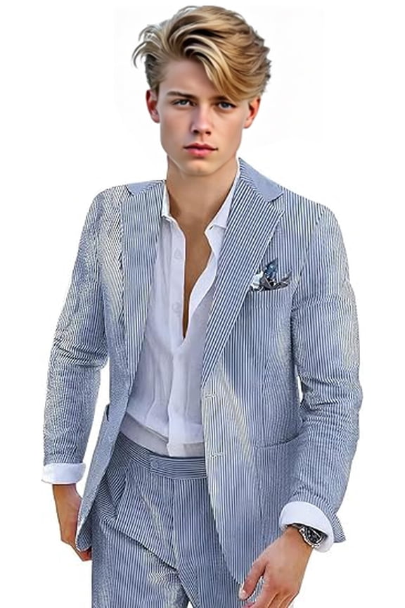 Boys' Seersucker Suit 2-Piece Set - Striped Tuxedo Blazer & Pants - Summer Beach Wedding Suit