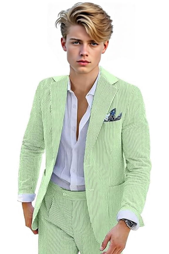 Boys' Seersucker Suit 2-Piece Set - Striped Tuxedo Blazer & Pants - Summer Beach Wedding Suit