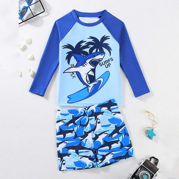 Boys Separate Swimwear Long Sleeved Sun Protection Shark Pattern Short Sleeved Shorts Swim Cap 2 Piece Set Blue 5 Y-6 Y