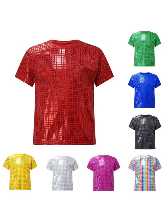 Boys Sequin Checkered Short Sleeve T-Shirt Sparkly Performance Top