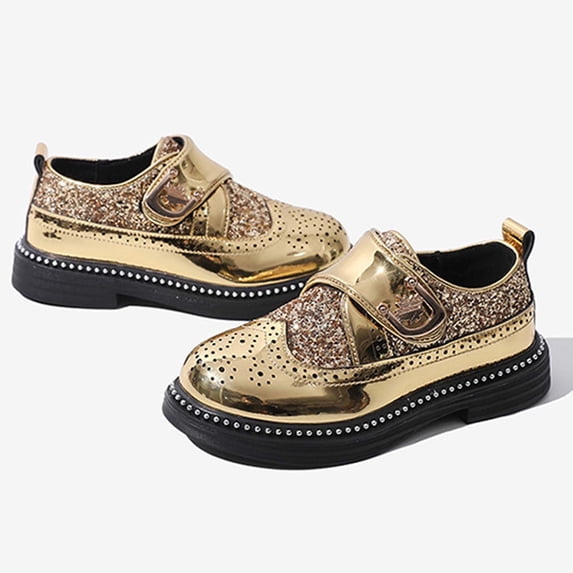 Boys Sequin Dress Shoes, Hook-and-Loop Formal Performance Flats, Sole Party Shoes for Kids