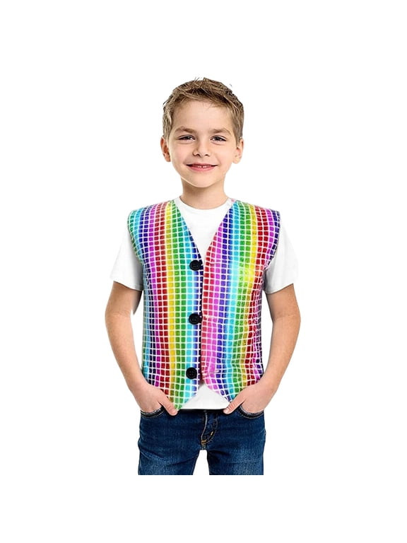 Boys Sequin Vest Button Front Sparkle Rainbow Print Jacket for Party Stage Performance Top