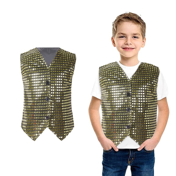 Boys Sequin Vest Glittery Sequin Sleeveless Button Vest Gold Vest Boys Hop Jazz Latin Dance Top Stage Performance Vest Size 6-7 Years