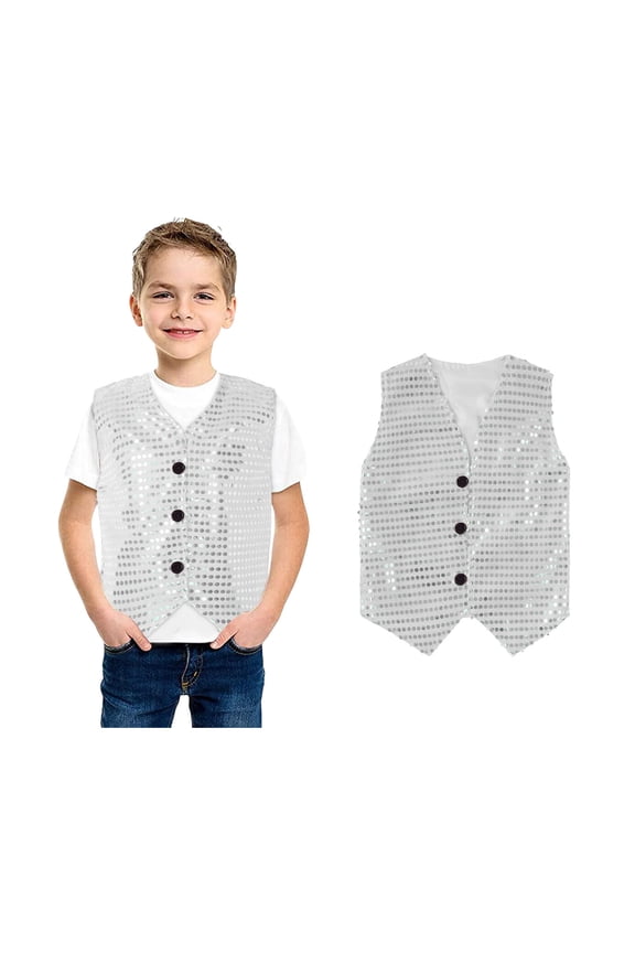 Boys Sequin Vest Sequin Sparkle Sleeveless Button Jacket Silver Sequin Vest Hop Jazz Dance Performance Vest Size 6-7 Years