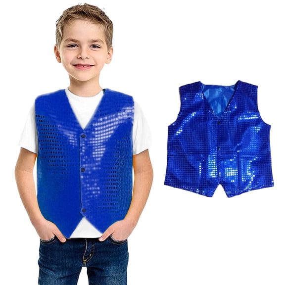 Boys Sequin Vest Sleeveless Shiny Sequins Button Jacket Blue Sparkle Jacket Girls Hop Jazz Latin Dance Top Stage Performance Vest Size 7-8 Years