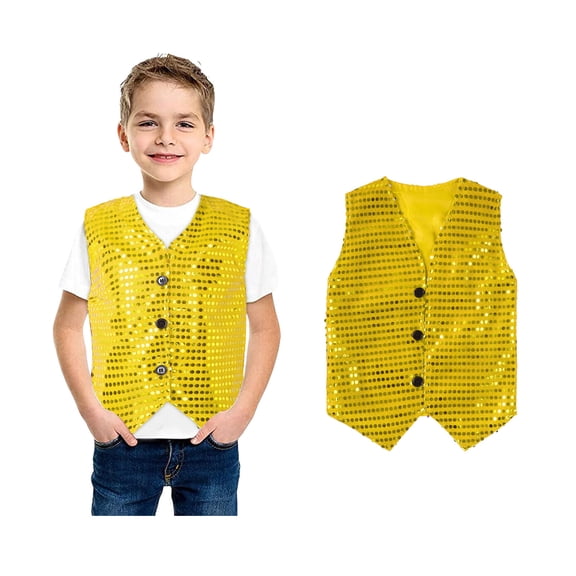 Boys Sequin Vest Sleeveless Shiny Sequins Button Vest Yellow Vest -Hop Disco Top Jazz Street Dance Outerwear Size 5-6 Years