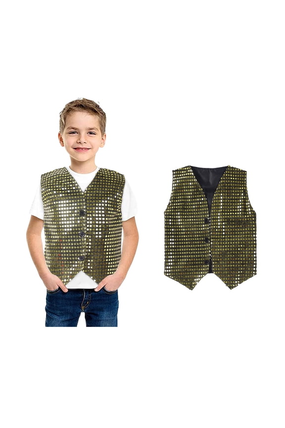 Boys Sequin Vest Sparkle Sequins Sleeveless Button Jacket Boys Gold Vest Party Carnival Gown Outfit Size 4-5 Years