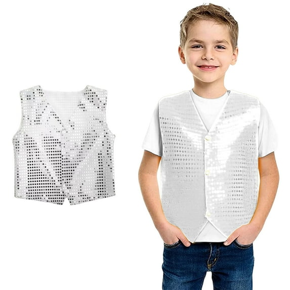 Boys Sequin Vest Sparkle Sequins Sleeveless Button Jacket White Sequin Vest Hop Jazz Latin Dance Top Stage Performance Vest Size 5-6 Years
