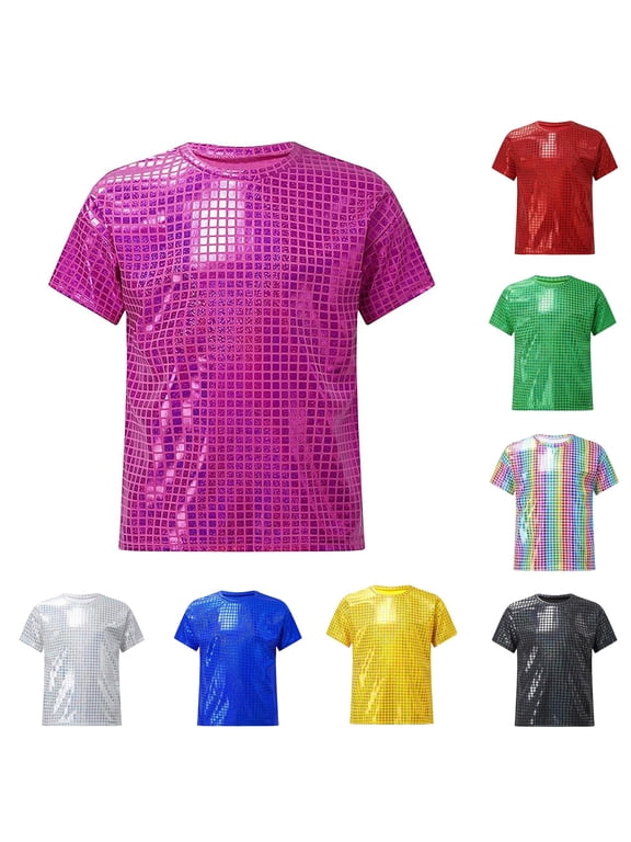 Boys Sequined Checkered Shiny Short Sleeve T-Shirt Square Pattern Graphic Top for Casual Outdoor and Performance Wear