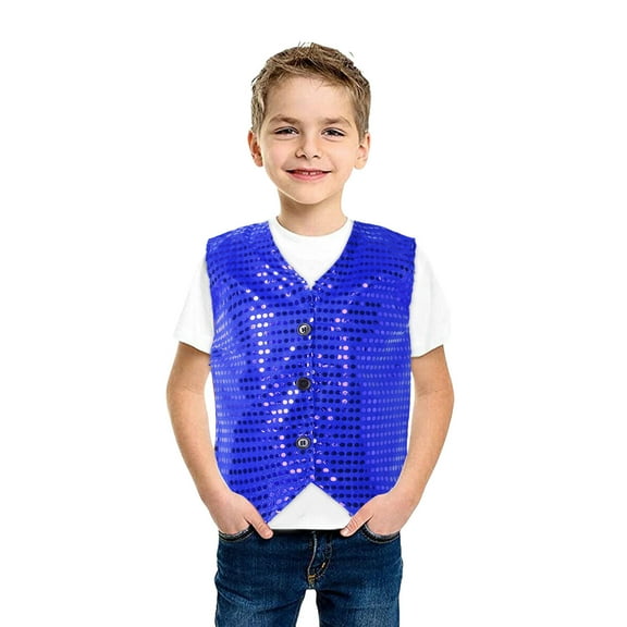 Boys Sequins Jazz Hop Street Dance Vest Jacket Sparkly Sequins Button Down Stage Party Waist Coat,Blue,6-7 Years