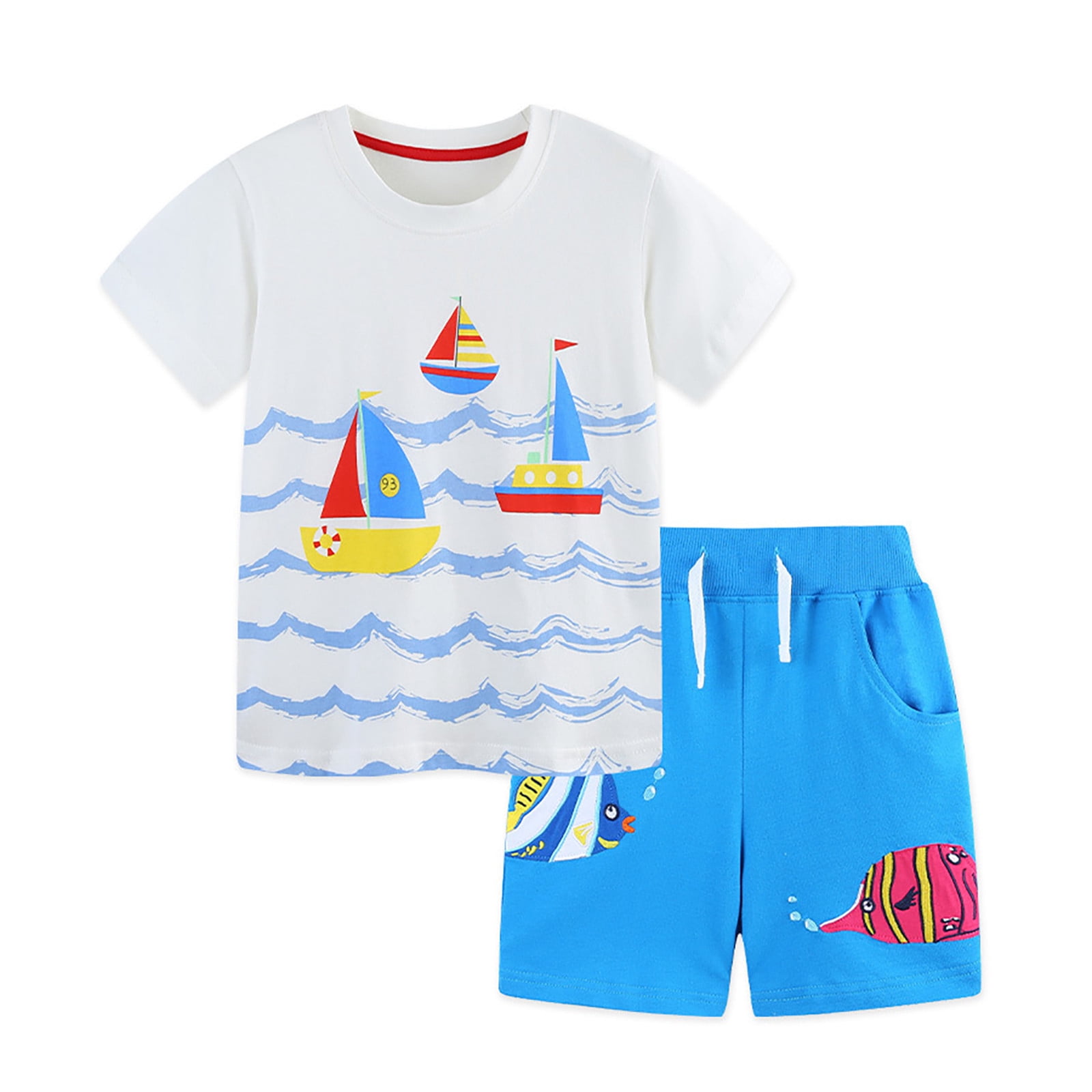Boys Set Knit Short Sleeve with Cartoon Print Round Neck Playwear ...