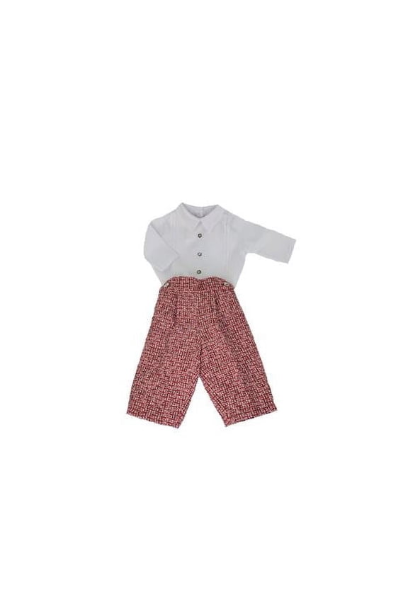 Boys Set, Long Sleeve White Cotton Shirt & Red Tweed Wool Trousers Set