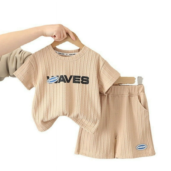Boys' Set Summer Casual Wear Children's Summer Fashionable English Letter Label Short Sleeve Shorts Two Piece Set