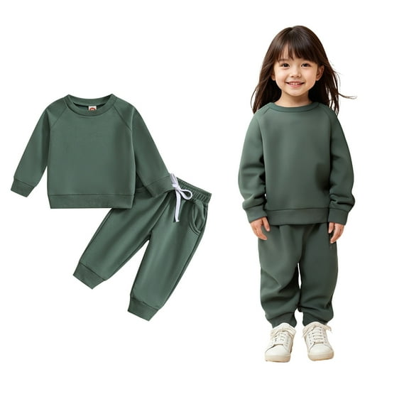 Boys Sets Long Sleeve Solid Crewneck Green Pullover Loose Sweatshirt Jogging Pants 2 Piece Winter Clothes Preppy Clothes for Girls 18-24 Months Boys Girls Fashion
