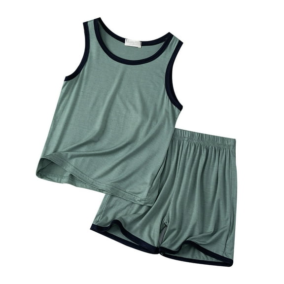 Boys Sets Size 6 Children's Summer Vest Shorts Set Loose Boys and Girls Thin Sleeveless Pajamas Round Neck Children's Home Wear Green, 8-9 Years