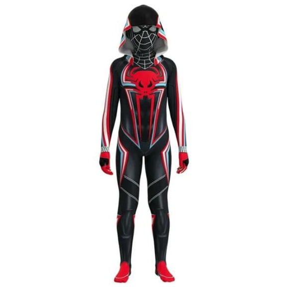 Boys Shadow Spider Hero Cosplay Costume Hooded Bodysuit with 3D Mask, Spandex Battle Zentai Jumpsuit for Halloween Dress Up, Black, 100
