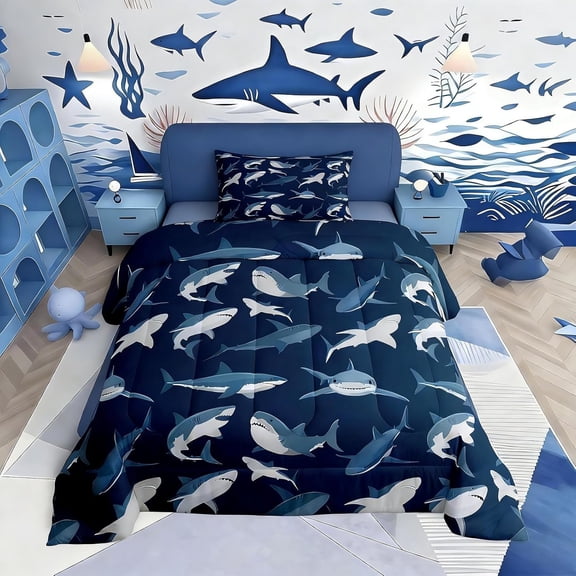 Boys Shark Bedding Set Ocean Sealife Comforter Set for Kids Youth Teens,Under Sea Marine Life Duvet Insert,Underwater World Creature Bed Quilt,Nautical Sea Animal Bedroom Decor Twin Size Navy Blue