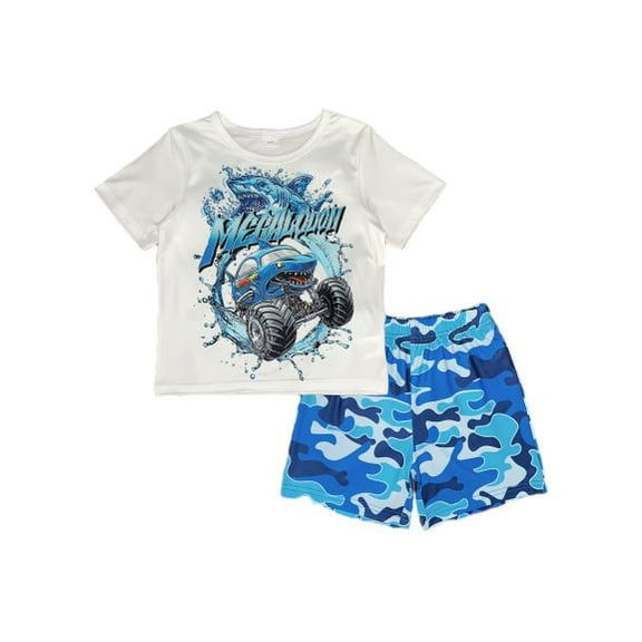 Boys' Shark & Monster Truck Graphic T-Shirt & Camo Shorts Set 2Pcs Breathable Summer Clothes,Casual Outdoor Wear