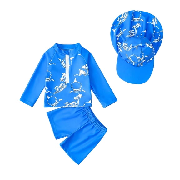 Boys Shark Swim Set UPF 50+ Long Sleeve Rash Guard & Swim Shorts, 3 Piece Blue Ocean Print Swimwear for Kids Beach Pool,Size 3 T