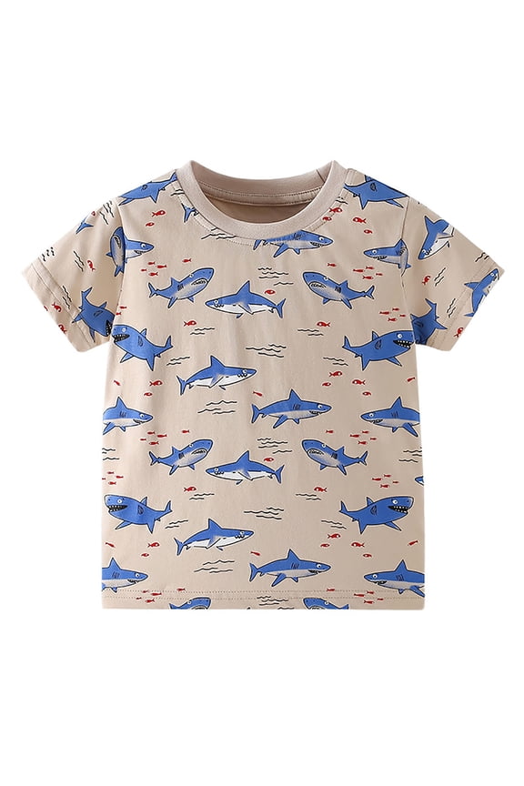 Boys Shark T-Shirt Short Sleeve Crew Neck | Khaki All Over Print Ocean Theme | Soft Polyester Spandex Play Tee for Kids Ages 3-10,Size 6 T