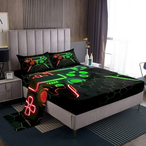 Boys Sheet Set Twin Size Gaming Bed Sheets Set for Girls Kids Teens Gamer Room Decor Fitted Sheet, 3D Green Red Gamepad Gaming Flat Sheet Geometry Honeycomb Print Bedding Set