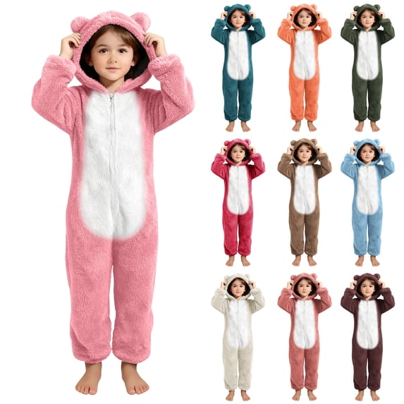 Boys Sherpa Fleece Jumpsuits Casual Loose Fuzzy Long Sleeve Zip Up Hooded Homewear Romper Kids Cute Lightweight Winter Warm Loungwear