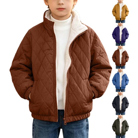 Boys Sherpa Lined Quilted Jacket,Winter Warm Diamond Pattern Stand Collar Coat with Pockets,Thick Fleece Zip-Up Outerwear