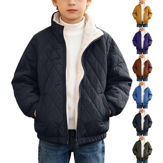 Boys Sherpa Lined Quilted Jacket,Winter Warm Diamond Pattern Stand Collar Coat with Pockets,Thick Fleece Zip-Up Outerwear