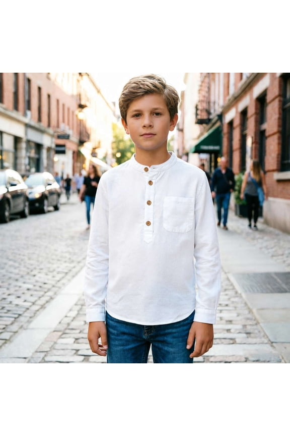 Boys Shirt Button Up Long Sleeve Dress Shirts Lightweight Tees Tops With Pocket for Everyday Casual Schoolwear, 5-6 Years, White