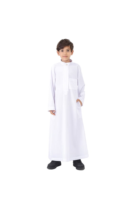 Boys Shirts - Arabic Thobe for Kids Long Sleeve Embroidered Kaftan Robe Traditional Cultural Wear Elegant National Outfit for Boys - Shirts for Boys,Color:White,Size:13-14 Years