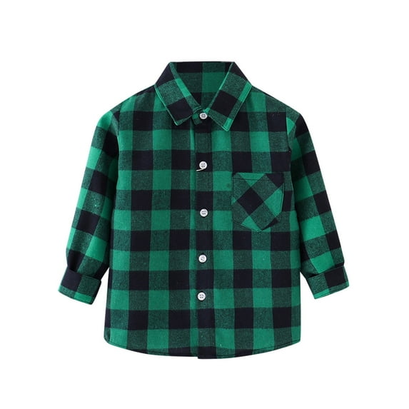 Boys Shirts Kids Long Sleeve Flannel Plaid Lapel Button Down Shirt Top Boys' Tops Green 4 Years-5 Years