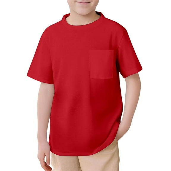 Boys Shirts,Kids Mesh Pocket Tee Short Sleeve Breathable Crew Neck T-Shirt Lightweight Plain Top Unisex Casual Shirt for Boys & Girls Playtime,Shirts for Boys,Red,4-5 Years
