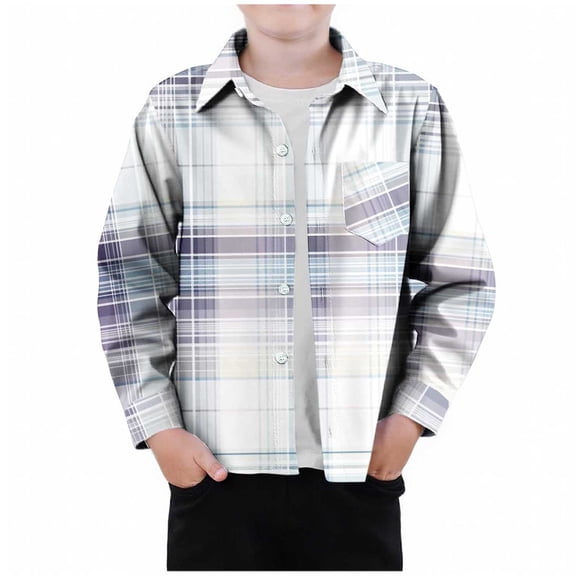Boys Shirts Long Sleeve Fashion Plaid Printed Casual Button Down Shirt Jackets Fall Winter Children Outerwear with Pocket Sky Blue