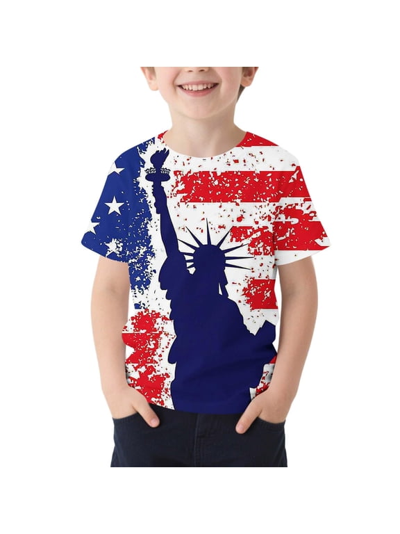 Boys Shirts Patriotic Print Crew Neck T-Shirt Red Soft Breathable Lightweight Stretchy Boys Tops Size 10-11 Y