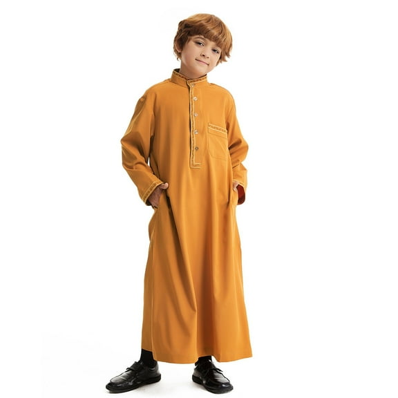 Boys Shirts,Robe Thobe Arabic Thobe Long Sleeve Kaftan Crew Embroidered Robe Set National Clothing Robe For Teenage Boys Arab Children,Boys Long Sleeve Shirts,Gold,11-12 Years
