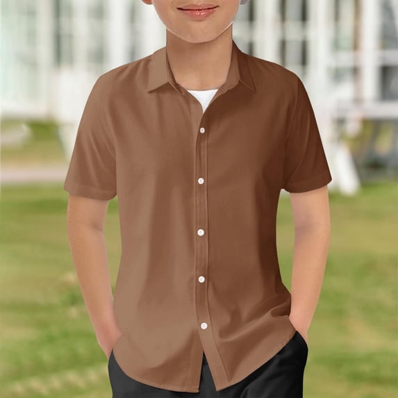 Boys Shirts Short Sleeve Lapel Collar Solid Color Tops Summer Casual Lightweight Comfortable Kids Shirts Size 9-10Y
