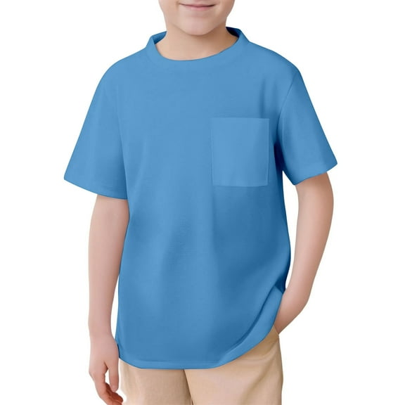 Boys Shirts,T Shirt Kids Mesh Short Sleeve Plain Unisex Crew Neck Pocket Tee,Shirts for Boys,Z01 Blue,8-9 Years