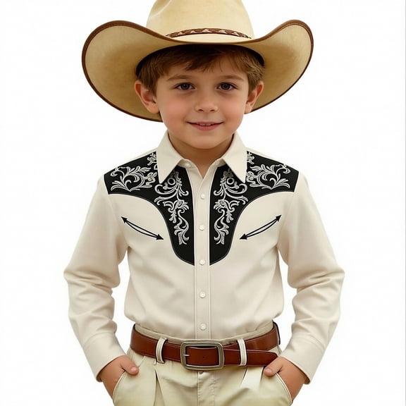 Boys Shirts T Shirt Western Cowboy Print Denim Style Snap Button Long Sleeve Casual Junior Outdoor Adventure Boys Hawaiian Shirt Clothes