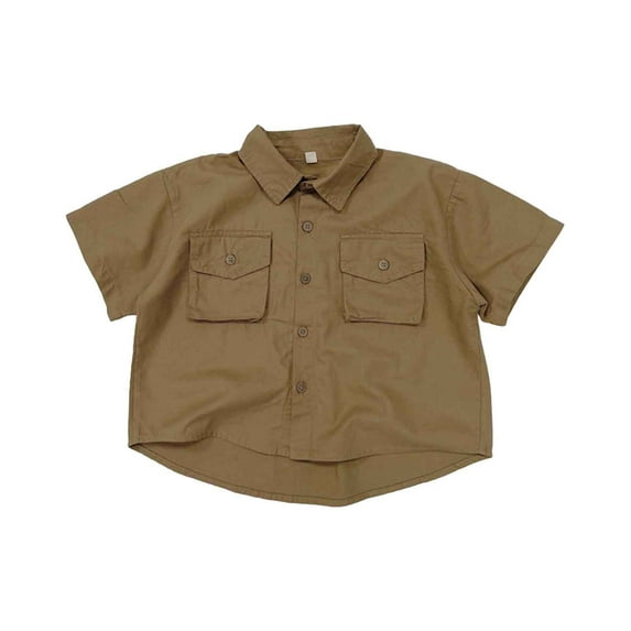 Boys Shirts, Toddler Boys Girls Short Sleeve Summer Casual Gentleman Lapel Tops Beach Holiday Solid Shirts T Shirt With Pocket, Boys Clothes(Khaki,1-2 Years)
